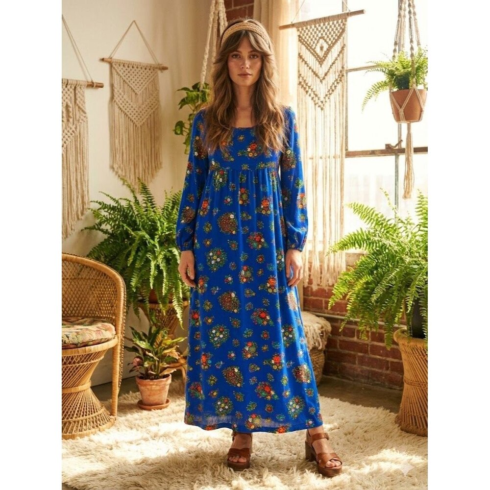 Vintage 1970s Hippie Boho Maxi Dress Psychedelic Floral Print Empire Waist Med